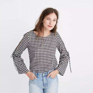 Madewell Gingham Lace-Up Bell-Sleeve Top